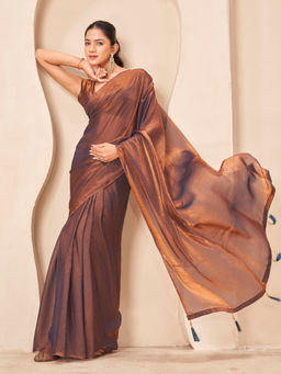 Tikhi Imli - Reay To Wear Copper Satin Tassels Pre-Draped Saree With Unstitched Blouse