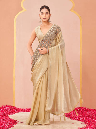 Beige Satin Embellished Saree With Unstitched Blouse