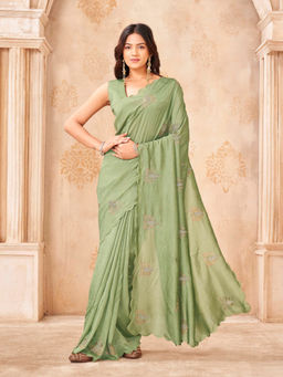 Tikhi Imli - Green Georgette Zari Embroidered Saree With Unstitched Blouse