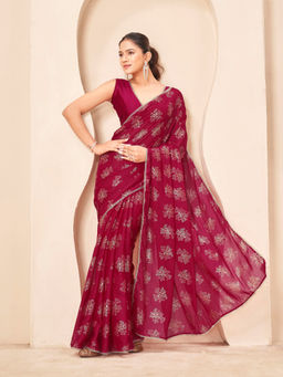 Tikhi Imli - Red Georgette Embellished Printed Saree With Unstitched Blouse