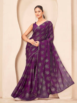 Tikhi Imli - Purple Georgette Embellished Printed Saree With Unstitched Blouse