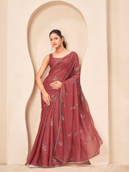 Tikhi Imli - Rust Georgette Embellished Printed Saree With Unstitched Blouse