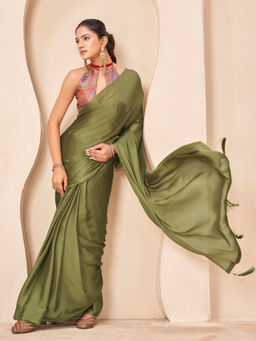 Tikhi Imli - Reay To Wear Green Chiffon Tassels Pre-Draped Saree With Unstitched Blouse