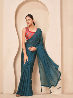 Tikhi Imli - Reay To Wear Teal Chiffon Tassels Pre-Draped Saree With Unstitched Blouse
