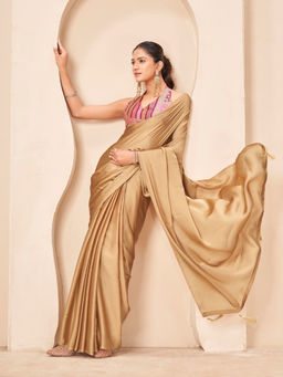 Tikhi Imli - Reay To Wear Beige Chiffon Tassels Pre-Draped Saree With Unstitched Blouse