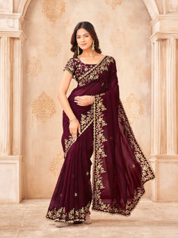 Tikhi Imli - Brown Chiffon Zari Embroidered Saree With Unstitched Blouse
