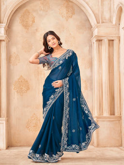Tikhi Imli - Teal Georgette Embroidered Saree With Unstitched Blouse