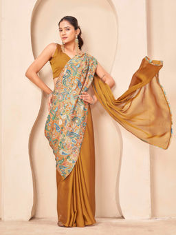 Tikhi Imli - Mustard Satin Printed Floral Saree With Unstitched Blouse