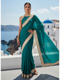 Tikhi Imli - Green Satin Lace Work Solid Saree With Unstitched Blouse