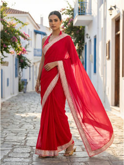 Tikhi Imli - Red Satin Lace Work Solid Saree With Unstitched Blouse