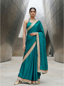 Tikhi Imli - Teal Satin Lace Work Solid Saree With Unstitched Blouse