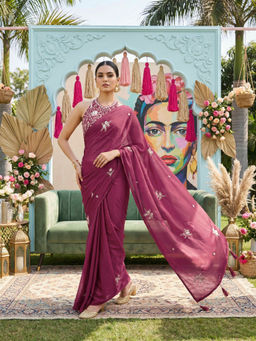 Tikhi Imli - Pink Chiffon Beads And Stones Embroidered Saree With Unstitched Blouse