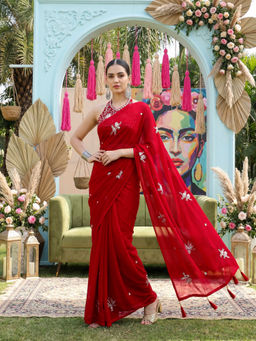Tikhi Imli - Red Chiffon Beads And Stones Embroidered Saree With Unstitched Blouse