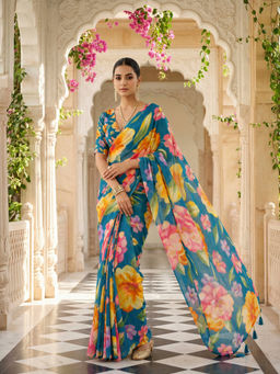 Tikhi Imli - Reay To Wear Blue Georgette Printed Pre-Draped Saree With Unstitched Blouse