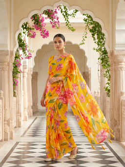 Tikhi Imli - Reay To Wear Yellow Georgette Printed Pre-Draped Saree With Unstitched Blouse