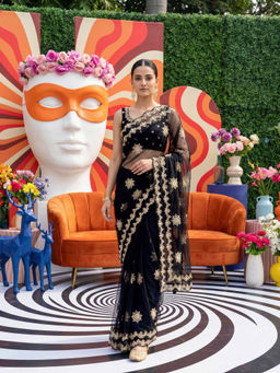 Tikhi Imli - Black Net Zari Embroidered Saree With Unstitched Blouse