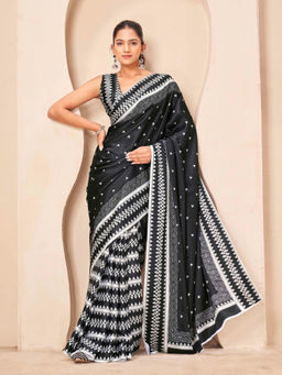 Tikhi Imli - Black Satin Printed Saree With Unstitched Blouse