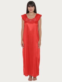Clovia - Satin Night Dress with Lace Neckline Red