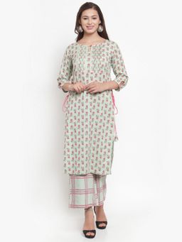 Indibelle - Sea Green Cotton Flax Floral Print Straight Kurta