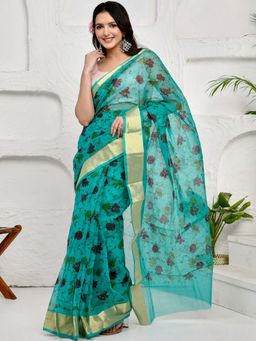 Doria Lifestyle - Sea Green Kota Doria Floral Block Printed Saree