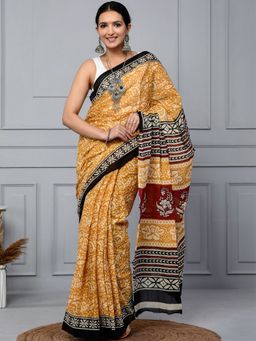 Doria Lifestyle - Mustard Pure Cotton Hand Block Printed Saree