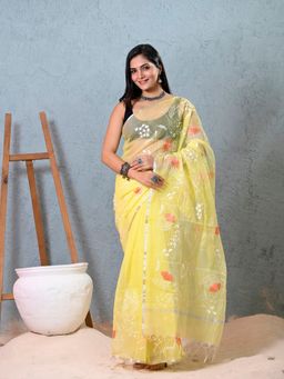 Doria Lifestyle - Yellow Kota Doria Hand Embroidery Saree
