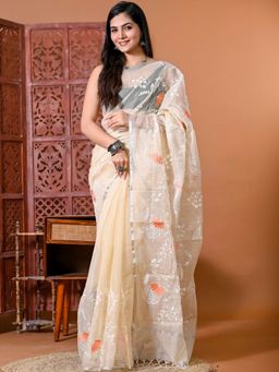 Doria Lifestyle - Cream Premium Floral Embroidered Kota Doria Saree