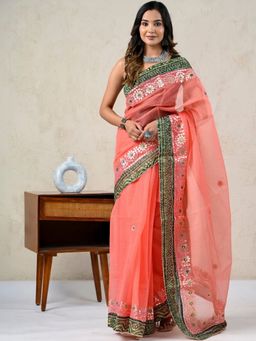 Doria Lifestyle - Peach Premium Embroidered Gota Work Kota Silk Saree