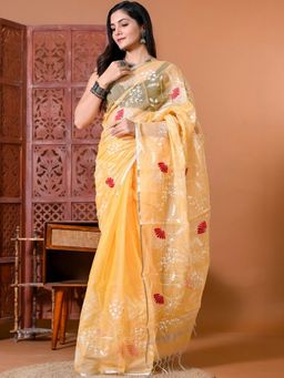 Doria Lifestyle - Yellow Premium Kota Doria Floral Embroidered Saree