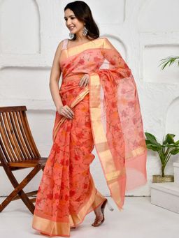 Doria Lifestyle - Orange Premium Kota Doria Floral Printed Saree