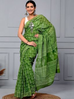 Doria Lifestyle - Green Pure Cotton Floral Hand Block Handcrafted Saree