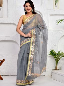 Doria Lifestyle - Grey Premium Kota Doria Embroidered Gota Work Saree