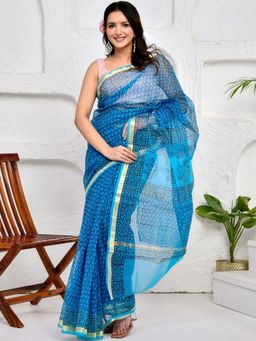 Doria Lifestyle - Blue Premium Kota Doria Floral Block Printed Saree