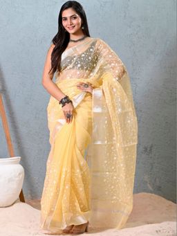 Doria Lifestyle - Yellow Premium Kota Doria Floral Embroidered Saree