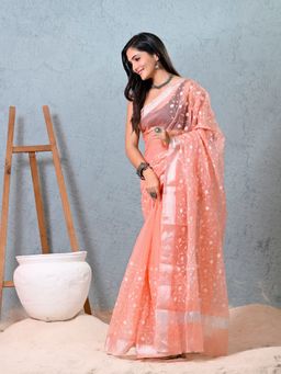 Doria Lifestyle - Peach Premium Kota Doria Floral Embroidered Saree