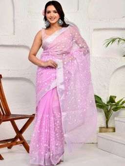Doria Lifestyle - Purple Premium Kota Doria Floral Embroidered Saree