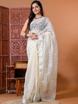 Doria Lifestyle - Cream Premium Kota Doria Floral Embroidered Saree