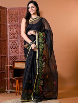 Doria Lifestyle - Black Premium Kota Doria Floral Embroidered Saree