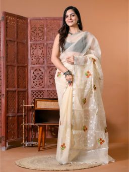 Doria Lifestyle - Cream Premium Kota Doria Floral Embroidered Saree