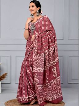 Doria Lifestyle - Maroon Pure Cotton Block Printed Handcrafted Saree