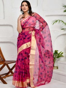 Doria Lifestyle - Pink Premium Kota Doria Floral Block Printed Saree