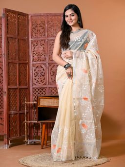 Doria Lifestyle - Off White Premium Kota Doria Floral Embroidered Saree
