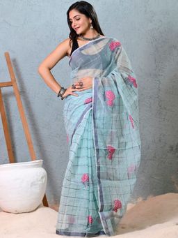 Doria Lifestyle - Blue Premium Kota Doria Checks Embroidered Saree