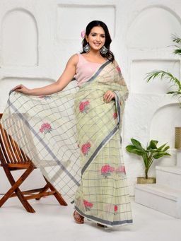 Doria Lifestyle - Yellow Premium Kota Doria Checks Embroidered Saree