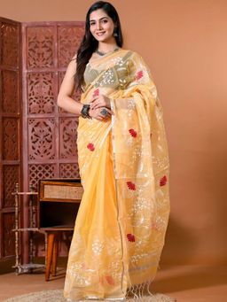 Doria Lifestyle - Yellow Premium Kota Silk Floral Embroidered Saree