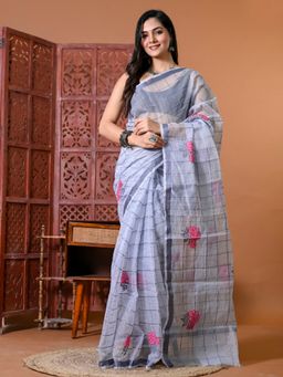 Doria Lifestyle - Grey Premium Kota Doria Checks Embroidered Saree