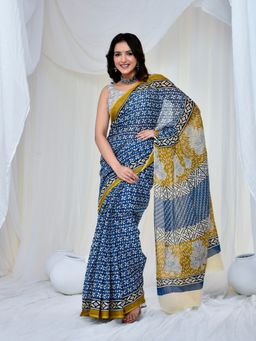 Doria Lifestyle - Blue Pure Cotton Block Printed Handcrafted Saree
