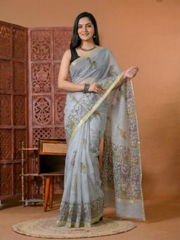 Doria Lifestyle - Grey Block Printed Kota Doria Saree