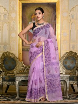 Doria Lifestyle - Purple Floral Printed Kota Doria Saree