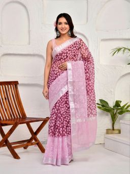 Doria Lifestyle - Pink Floral Embroidered Printed Kota Doria Saree